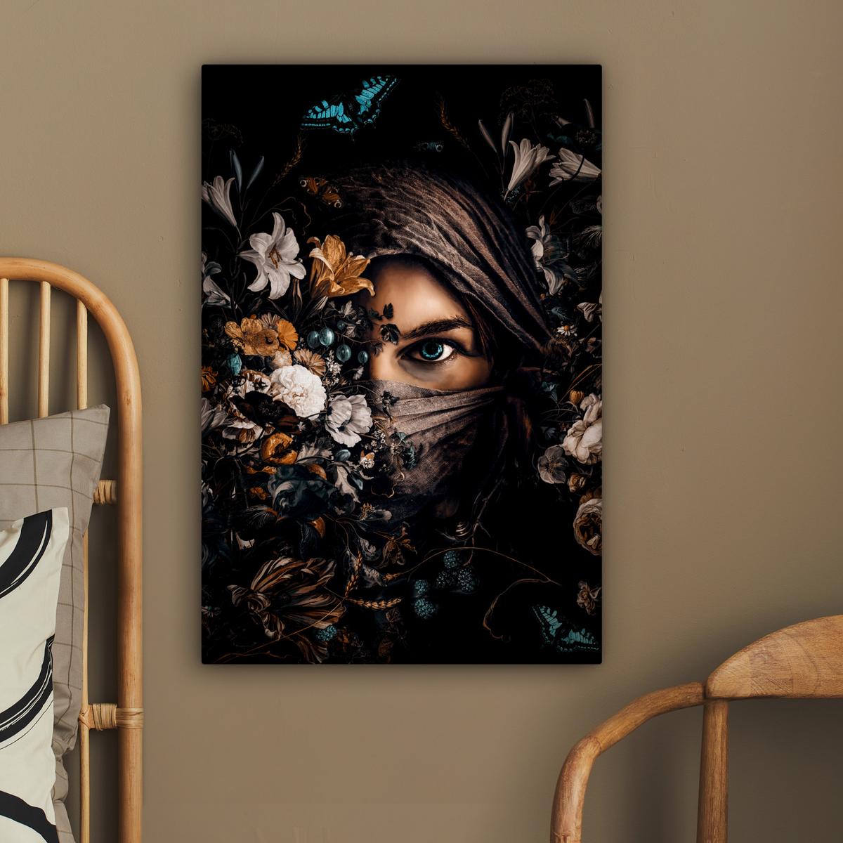 LEINWANDBILD Frau - Luxus - Blumen - Schmetterling - Porträt Wanddeko 40x60 cm - Schwarz, Textil (40/60cm) - MuchoWow