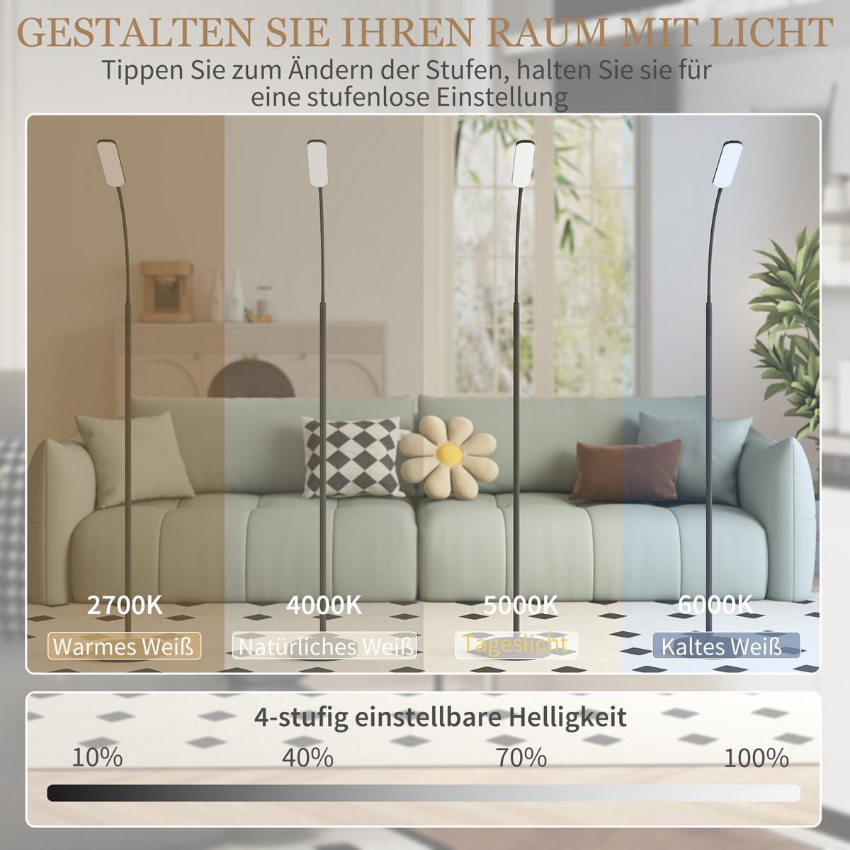 LED Stehlampe Dimmbar Stehleuchte mit Fernbedienung & Touch-Steuerung - Schwarz, Metall (22/22/175cm) - HOMCOM