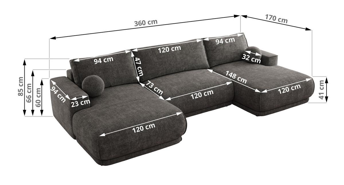WOHNLANDSCHAFT RINA U Grau Schenille grob gewebt - Schwarz/Grau, Kunststoff/Textil (360/85/170cm) - MKS