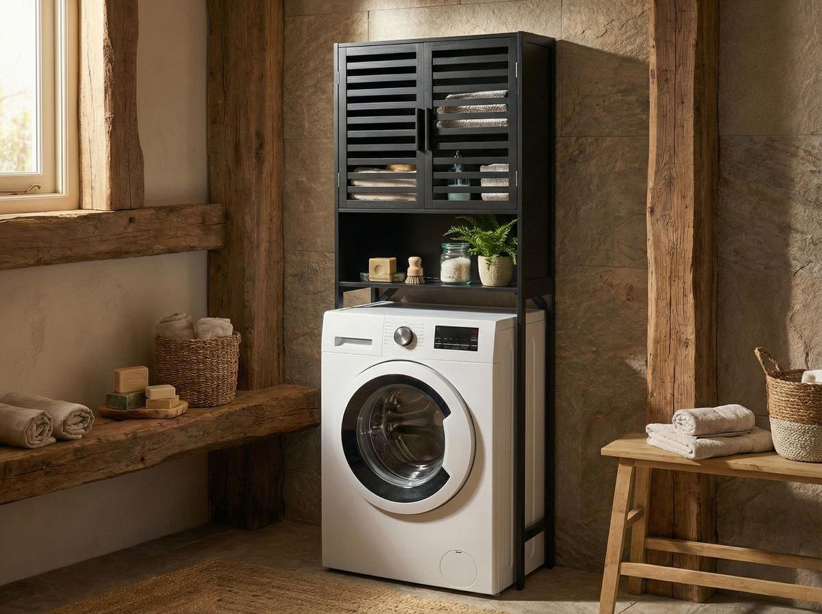 BADEZIMMERSCHRANK Bambus 63 cm Schwarz Okarche - Schwarz, Holz (63/167/25cm) - Beliani