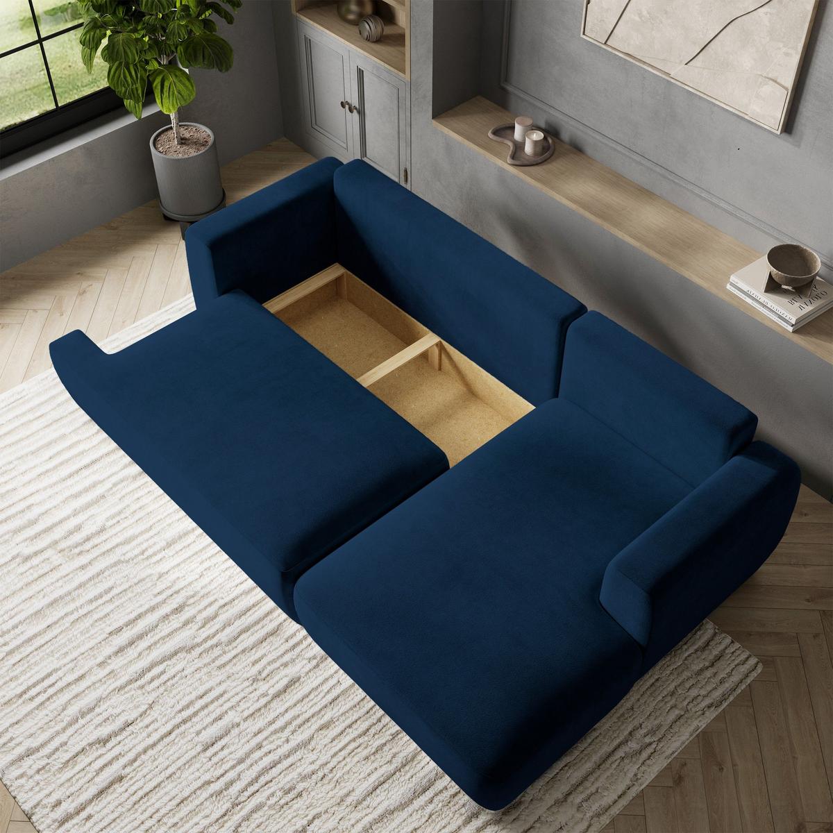 ECKSOFA SENTI K R-S Blau Plüsch-Stoff mit Schlaffunktion - Blau/Schwarz, Holz/Kunststoff (246/148cm) - MASSENO