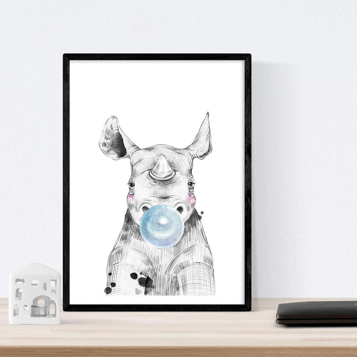 POSTER Set Mit 6 Tiere Babys Mit Kaugummi Zebra Rino Deer Kuhpferd Und Flamme A4 Rahmenlos - Klar, Papier (29/3cm) - Nacnic