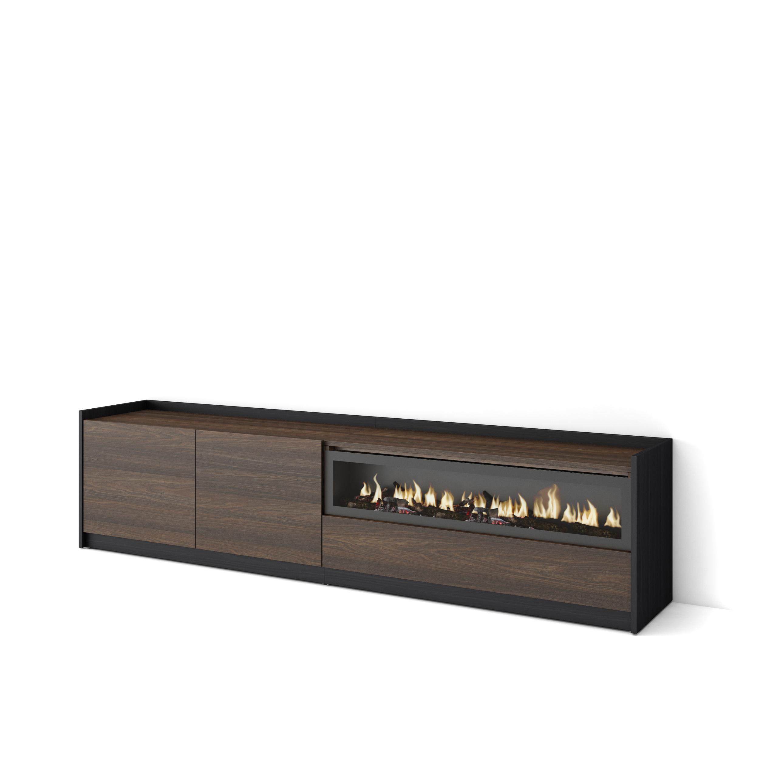 LOWBOARD, Dunkler Eiche und Schwarz, Elektrokamin, 207/37/50cm - Hellbraun, Holzwerkstoff (207/50/37cm) - Skraut Home