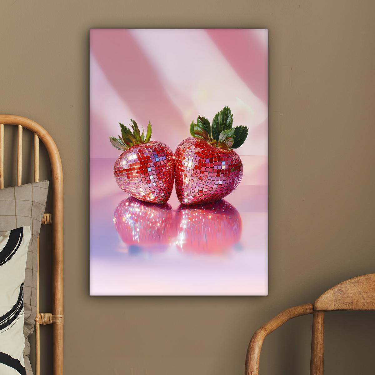 LEINWANDBILD Disco - Obst - Glitzer - Erdbeere Wanddeko Schlafzimmer 60x90 cm - Pink, Textil (60/90cm) - MuchoWow