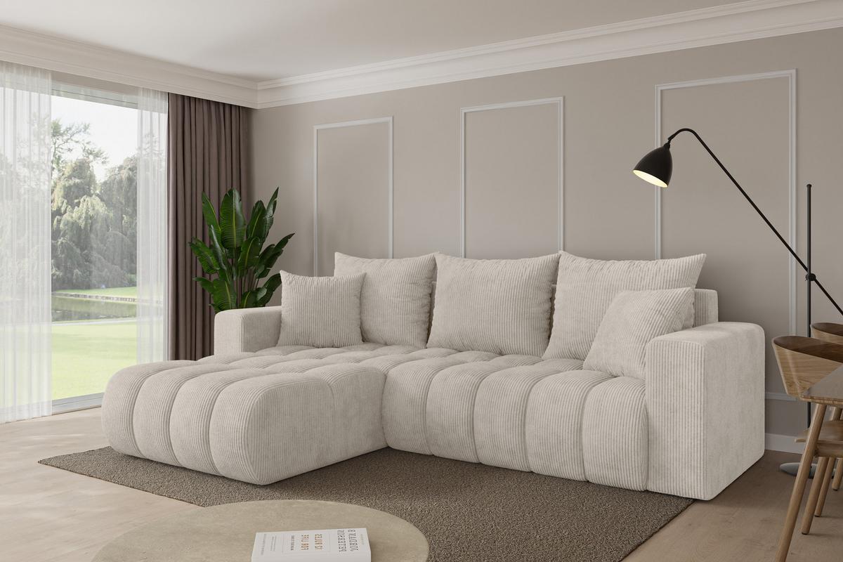 ECKSOFA mit Schlaffunktion Ottomane Links MILA-L-v1 277x195x86 Creme Cord - Ecru/Creme, Holzwerkstoff/Kunststoff (277/194cm) - ALTDECOR
