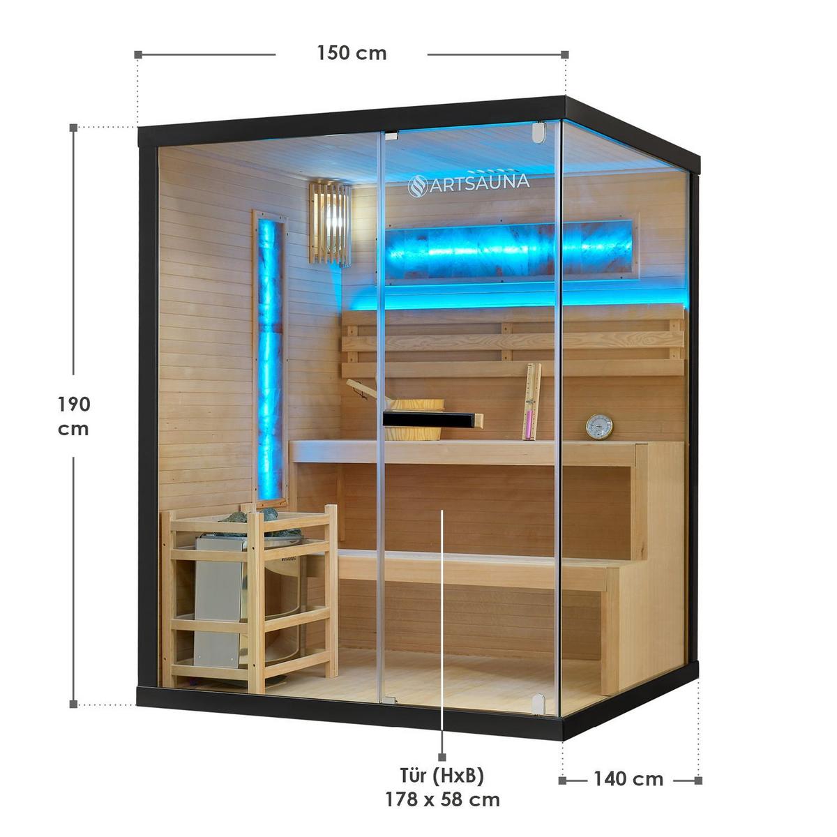 SAUNA Vantaa 150 x 140 cm mit 4,5 kW Saunaofen - Schwarz, Holz (140/200/150cm) - Artsauna