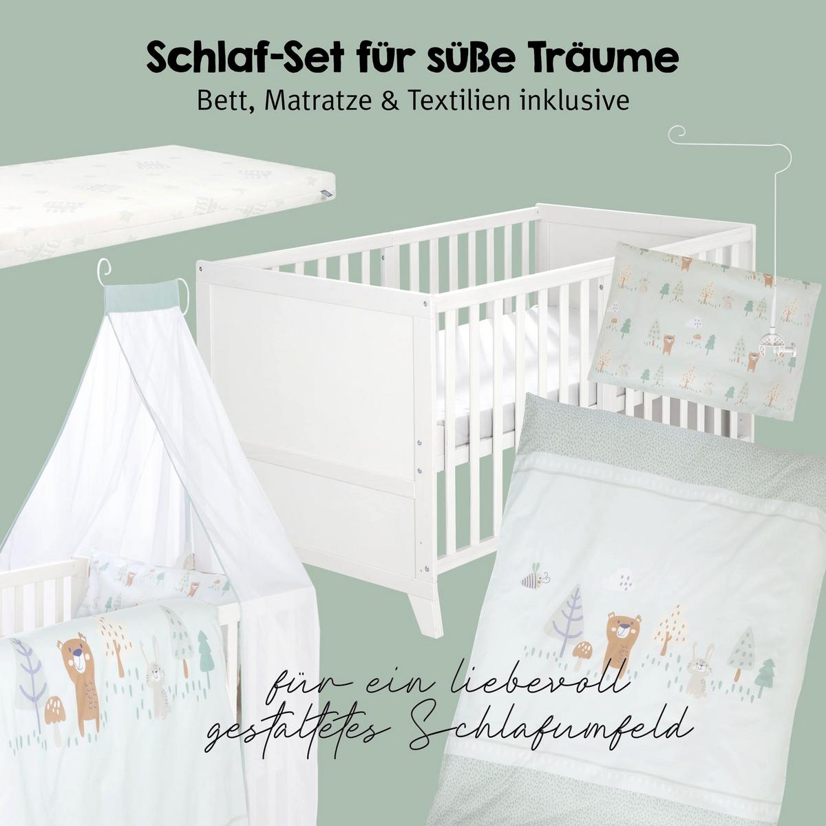 BABYBETTSET 'Wooland Buddies' 70 x 140 inkl. kompletter Ausstattung - Weiß / Pastellgrün - Weiß, Holz (70/140cm) - Roba
