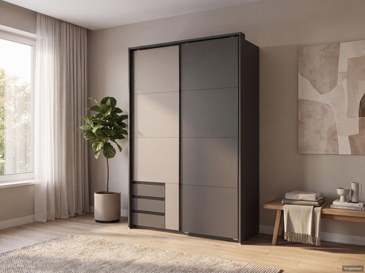 SCHWEBETÜRENSCHRANK 2-türig B138/H200/T65 cm, Passepartout-Kleiderschrank mit sichtbaren Schubkästen in Grafit, 1x Tür in Sandgrau / 22673 - Sandfarben/Graphitfarben, Holz/Holzwerkstoff (138/200/65cm) - luma-home