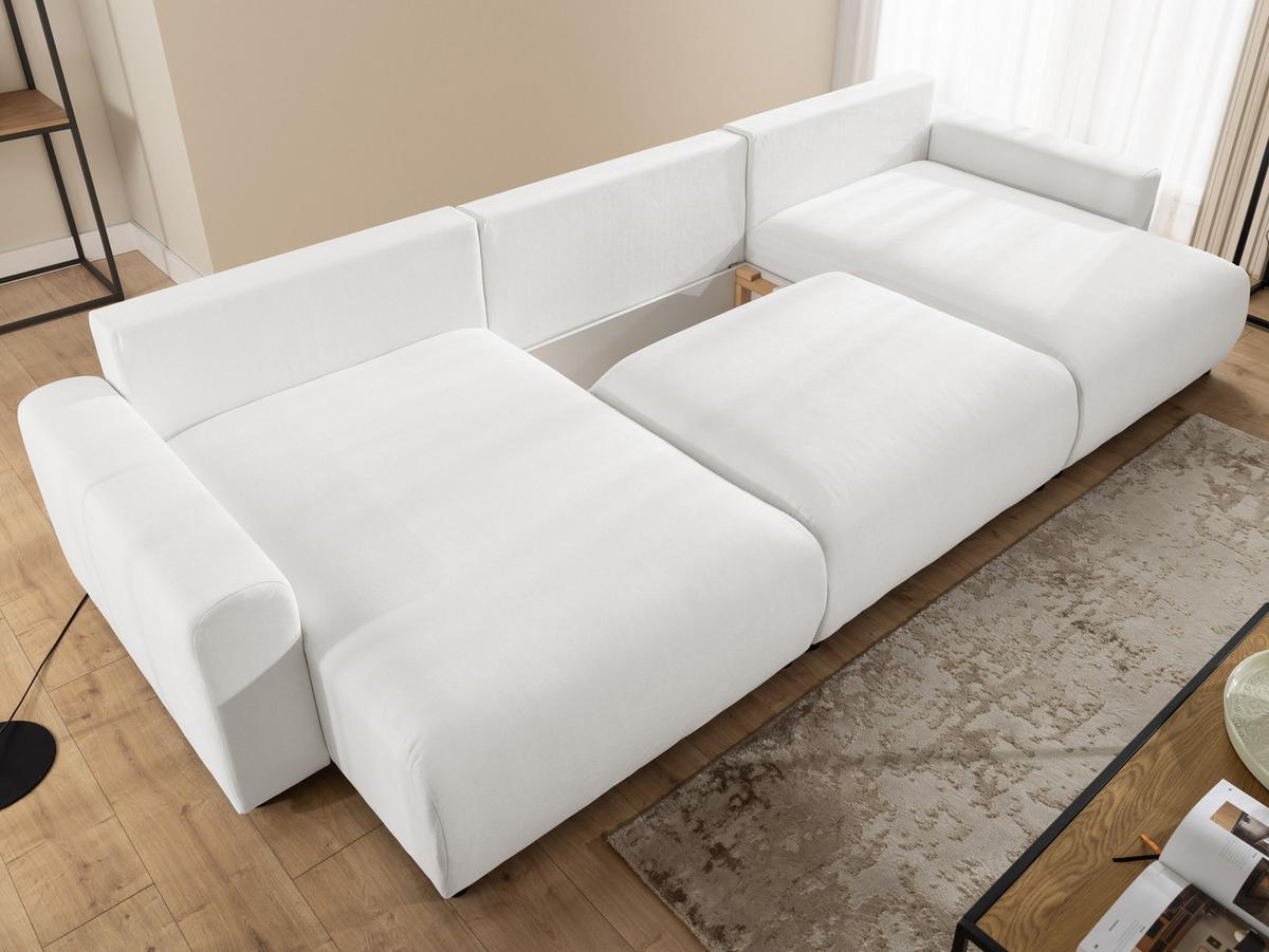 WOHNLANDSCHAFT Calma mit Schlaffunktion und Bettkasten im Bumpy-Design aus weichem Creme Webstoff - Creme/Schwarz, Holz/Textil (336/88/140cm) - S-Style