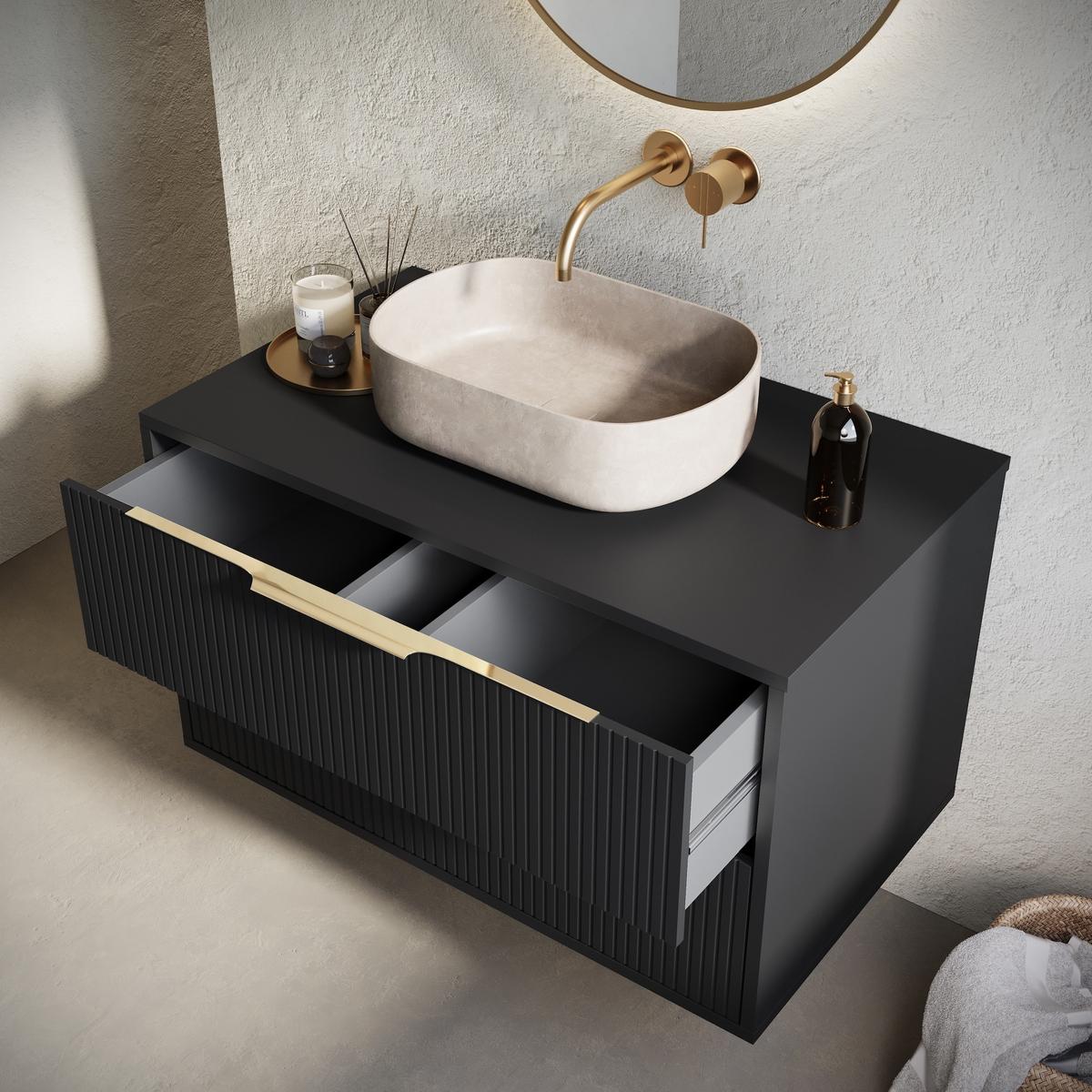 WASCHBECKENUNTERSCHRANK Rimini 2 Schubladen Schwarz Matt - 80 x 46 x 46 cm - Schwarz, Holz (80/46/46cm) - Badplaats