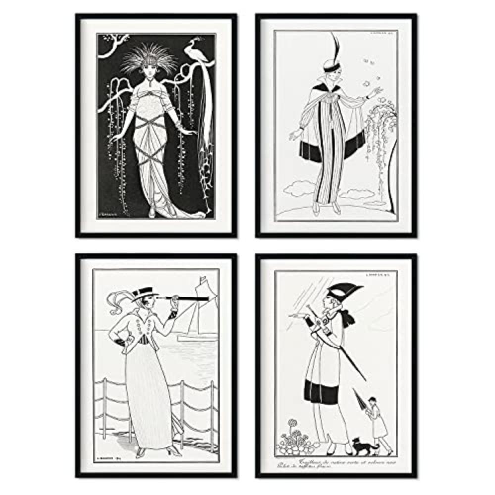 POSTER Set mit 4 SchwarzweissWeinleseblättern vom Künstler George Barbier A4 Schwarzer Rahmen - Schwarz, Papier (29.7/3cm) - Nacnic