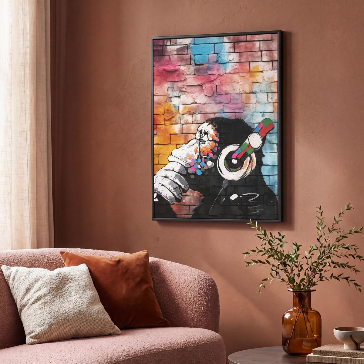 LEINWAND Bilder mit Rahmen - Affe - Graffiti - Musik - 70x100 - Multicolor, Textil (70/100cm) - MuchoWow