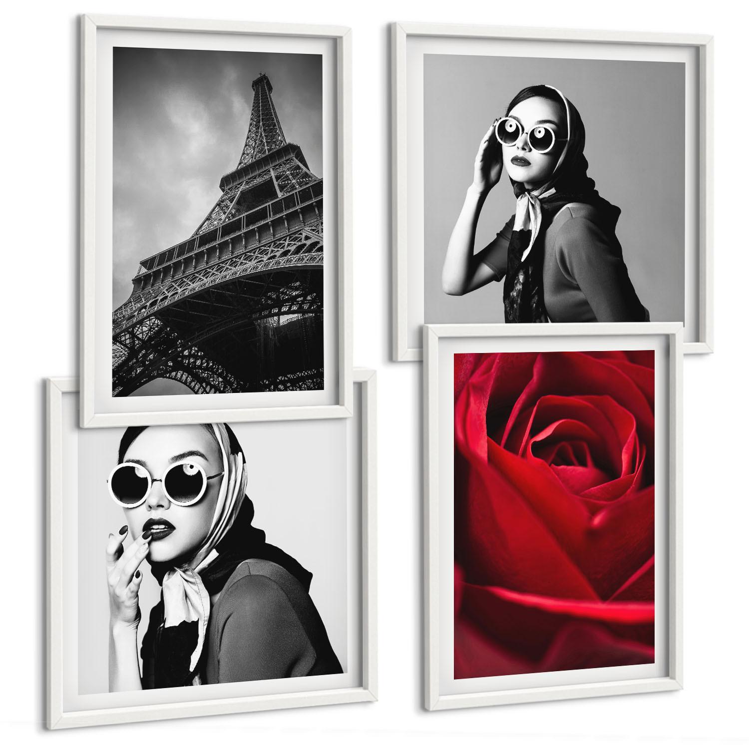 BILDER SET 4er Set - 50x50 cm & 40x60 cm Weißer Rahmen - Pariserin mit Eiffelturmbrille - Weiß, Kunststoff (50/50cm) - TULUP
