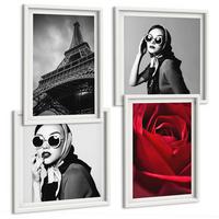 BILDER SET 4er Set - 50x50 cm & 40x60 cm Weißer Rahmen - Pariserin mit Eiffelturmbrille - Weiß, Kunststoff (50/50cm) - TULUP