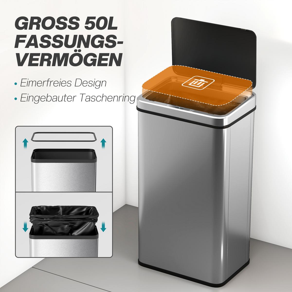 ELEKTRISCHER MÜLLEIMER 50l aus ABS 430 Edelstahl Silber - Silberfarben, Metall (26/67/35.5cm) - HOMCOM
