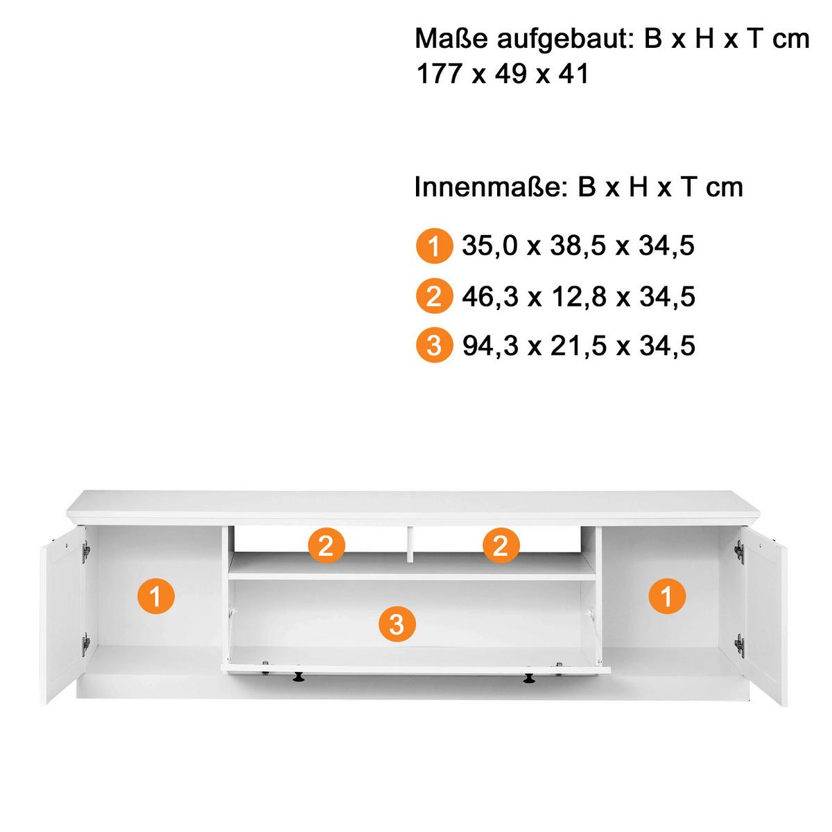 TV-LOWBOARD weiß matt 177 x 49 cm, Fernsehtisch im Landhaus-Stil - Silberfarben/Weiß, Holzwerkstoff/Metall (177/49/41cm) - Top.Furn