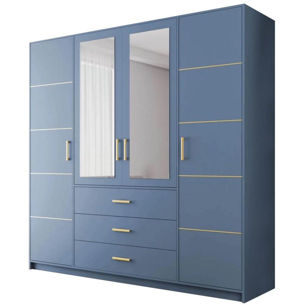 DREHTÜRENSCHRANK Bali 4-Türen, mit 3 Schubladen und Spiegel, Blau - Blau, Holzwerkstoff (196/200/58cm) - Beautysofa