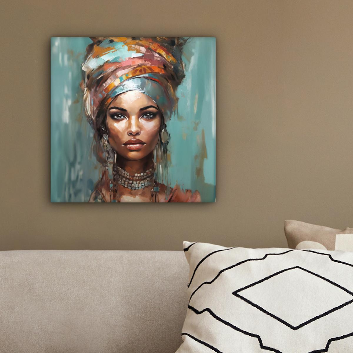 LEINWANDBILD Frau - Kunst - Schmuck - Porträt Deko Wohnzimmer 20x20 cm - Blaugrau, Textil (20/20cm) - MuchoWow