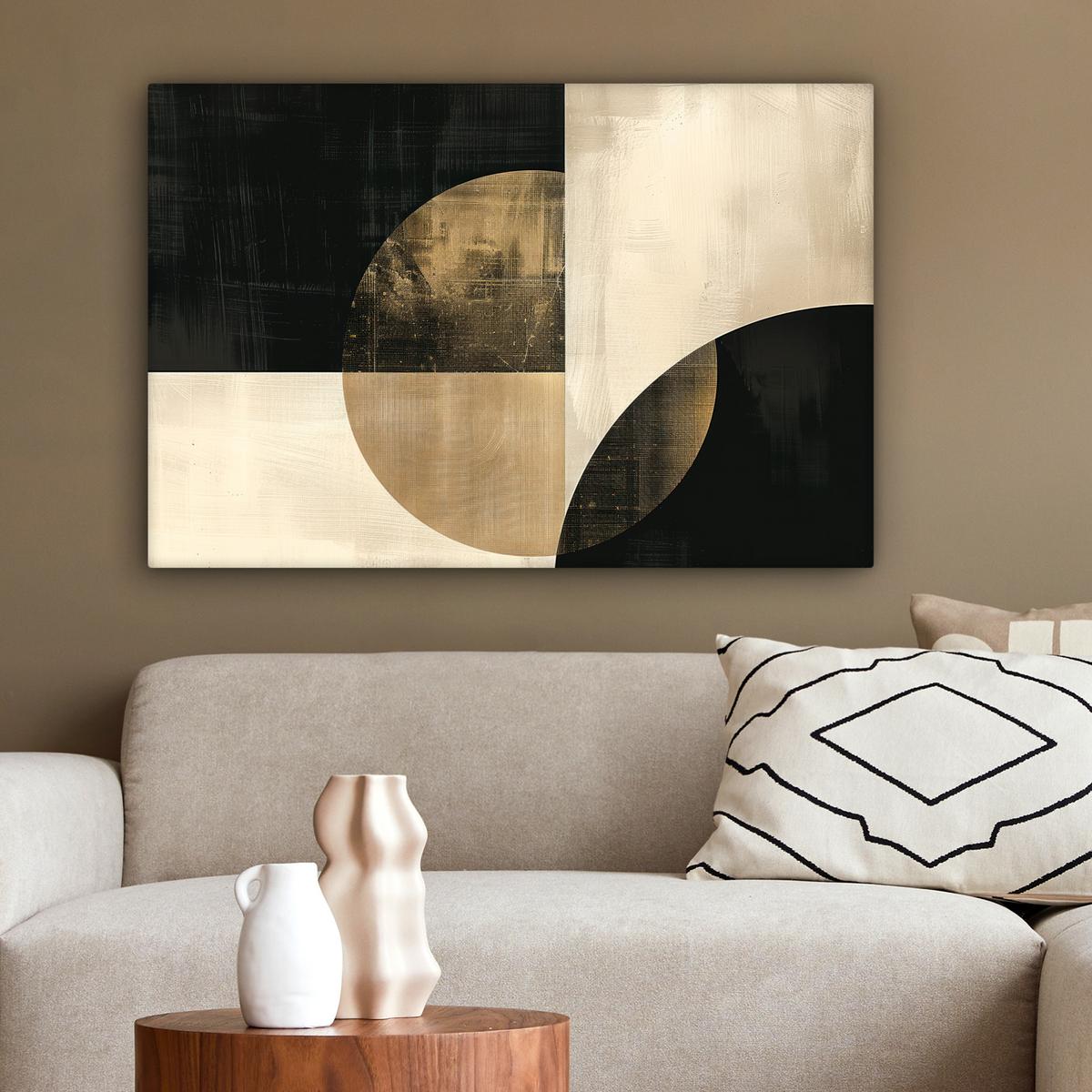 LEINWANDBILD Abstrakt - Geometrische Formen - Schwarz - Gold Gemälde 60x40 cm - Ecru, Textil (60/40cm) - MuchoWow
