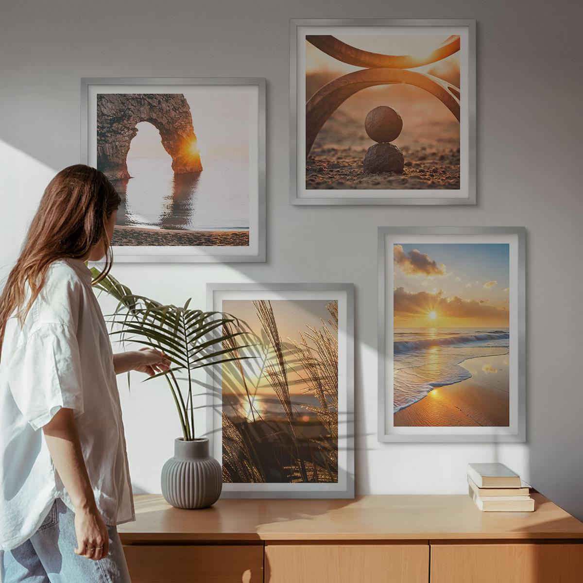 BILDER SET 4er Set - 50x50 cm & 40x60 cm Silberner Rahmen - Ruhige Landschaften am Strand der Sonne - Silberfarben, Kunststoff (50/50cm) - TULUP