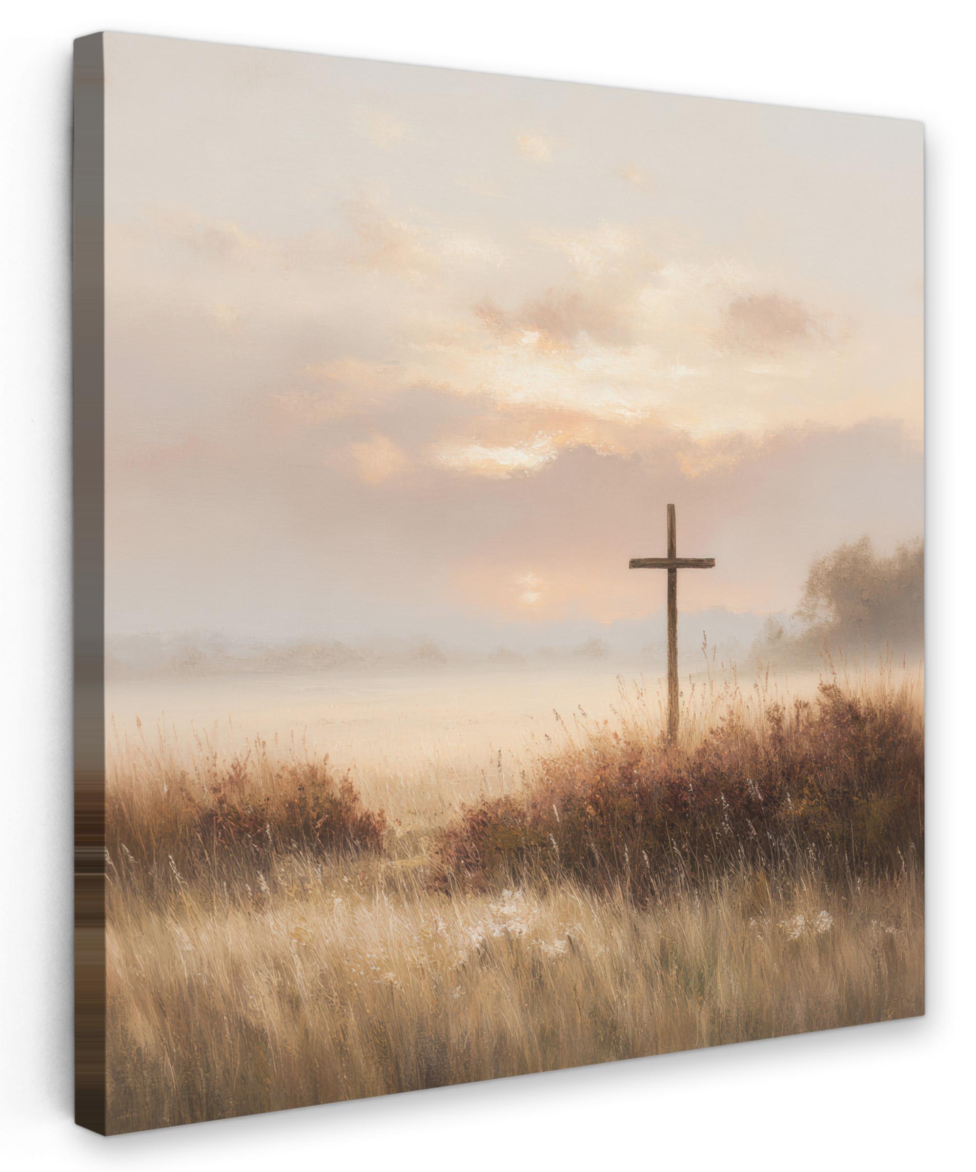 LEINWANDBILD Gras - Morgennebel - Kreuz - Christentum Deko Wohnzimmer 20x20 cm - Beige, Textil (20/20cm) - MuchoWow