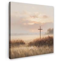 LEINWANDBILD Gras - Morgennebel - Kreuz - Christentum Deko Wohnzimmer 20x20 cm - Beige, Textil (20/20cm) - MuchoWow