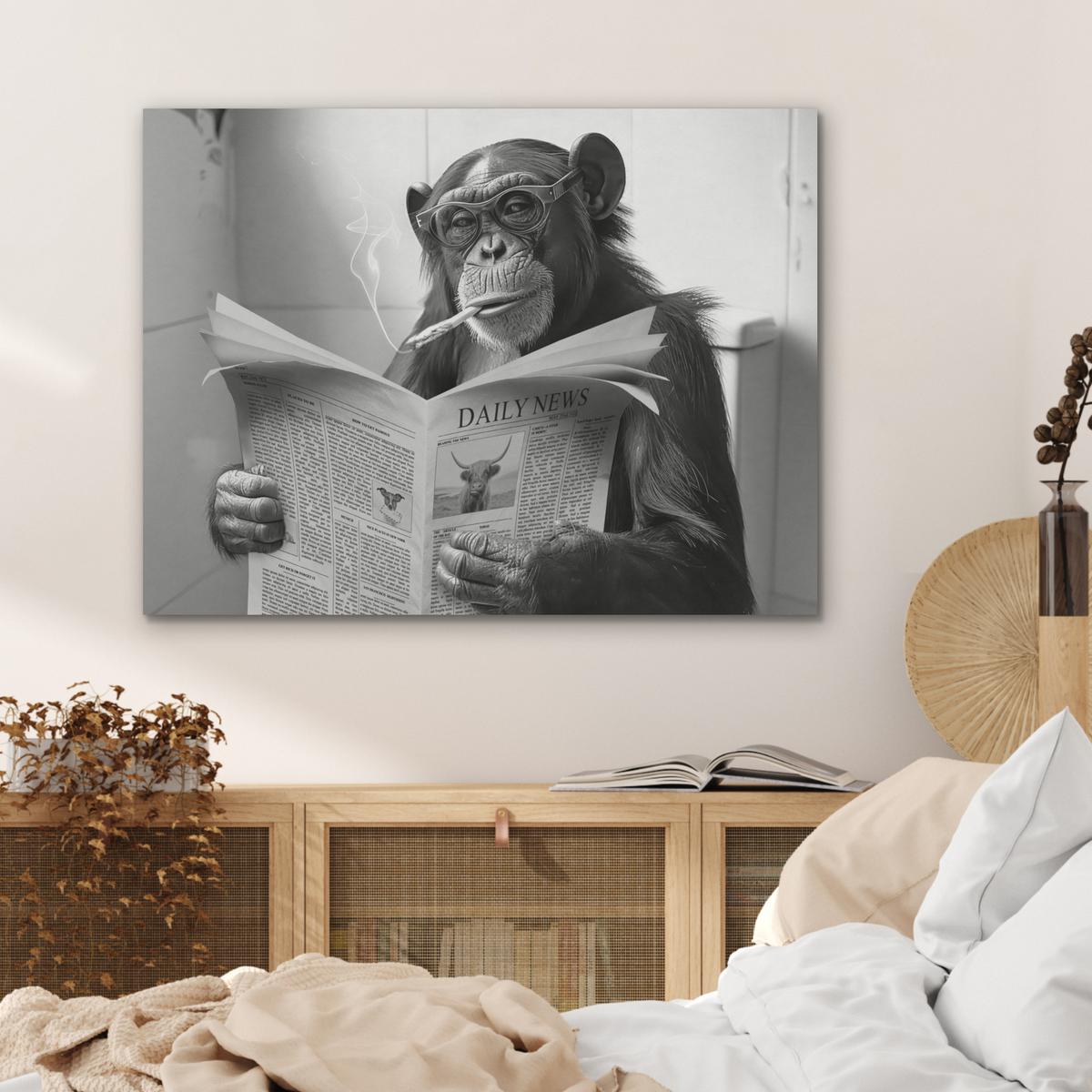 AKUSTIKBILD Affe - WC - Zeitung - Schwarz-Weiß - Humor Gemälde 80x60 cm - Hellgrau, Kunststoff (80/60/0.9cm) - MuchoWow