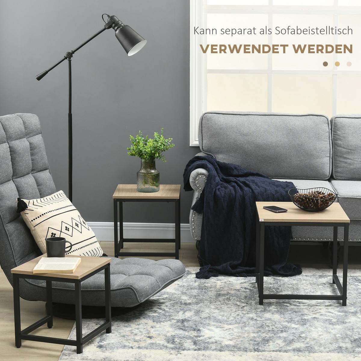 COUCHTISCH 3er-Set Beistelltisch, Satztisch, Sofatisch mit Holzoptik, Stahl - Naturfarben, Holzwerkstoff (45/45/44cm) - HOMCOM