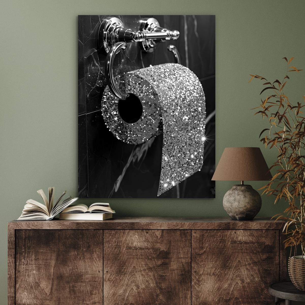 METALLBILD WC - Toilettenpapier - Schwarz und weiß - Glitter 60x80 cm - Silberfarben, Metall (60/80cm) - MuchoWow
