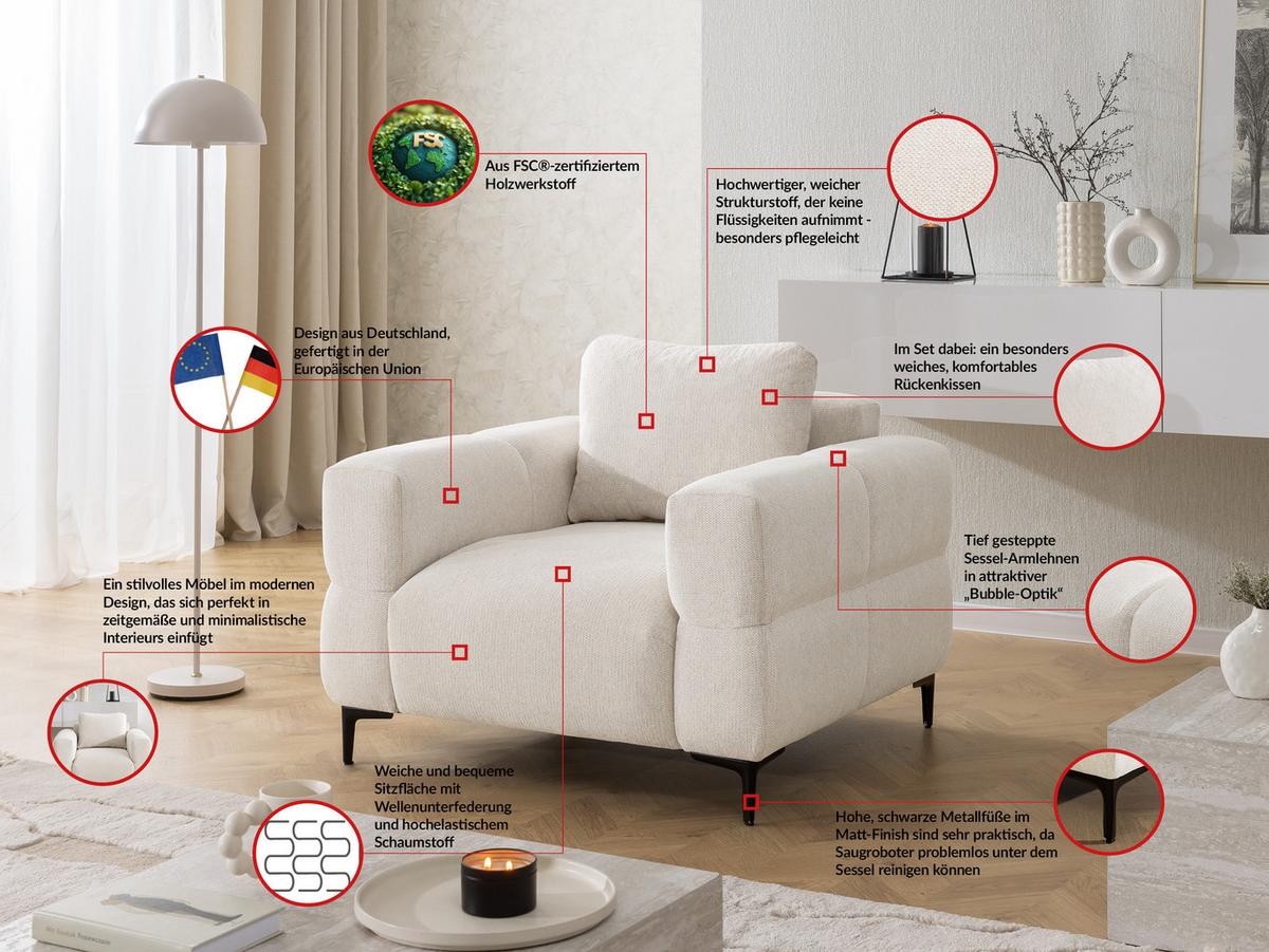 SESSEL Cardea in Bubble-Optik aus weichem Creme Strukturstoff mit hohem Sitzkomfort - Creme/Schwarz, Holz/Textil (102/80/97cm) - S-Style Möbel