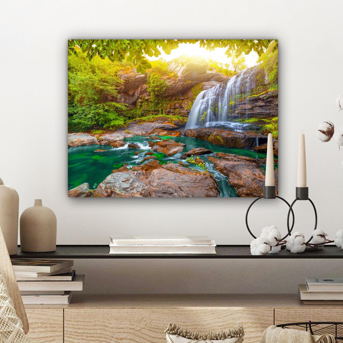LEINWANDBILD Natur - Wasserfall - Pflanzen - Bäume - Sonne Wandbild 40x30 cm - Olivgrün, Textil (40/30cm) - MuchoWow