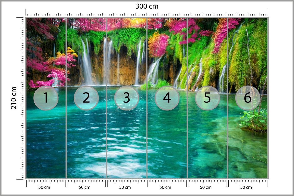 FOTOTAPETE für Küche Exotischer Wasserfall Bäume Pflanzen Tropisch 300x210 - Türkis/Violett, Papier (300/210cm) - Muralo