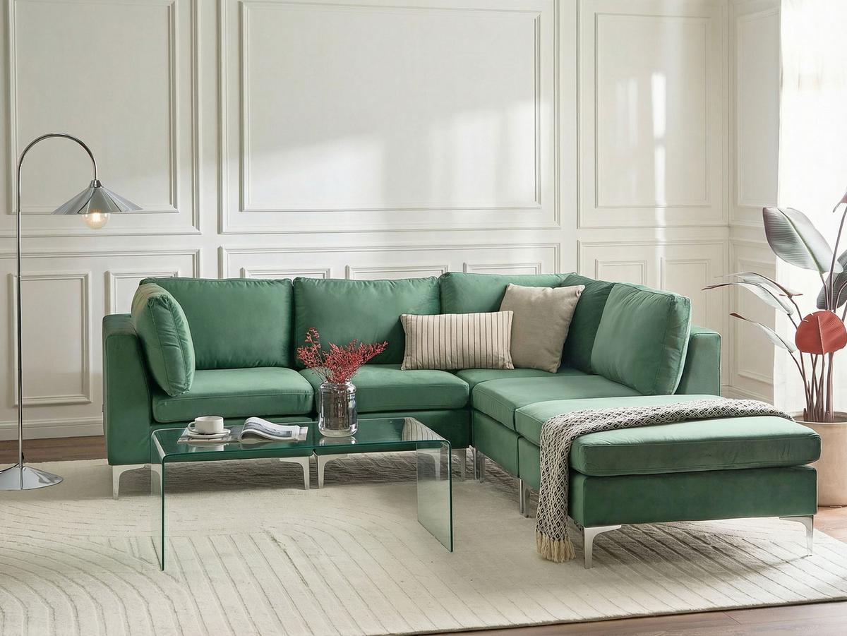 ECKSOFA Modul 4-Sitzer linksseitig Grün Samtstoff mit Ottomane Evja - Grün, Textil (235/150cm) - Beliani
