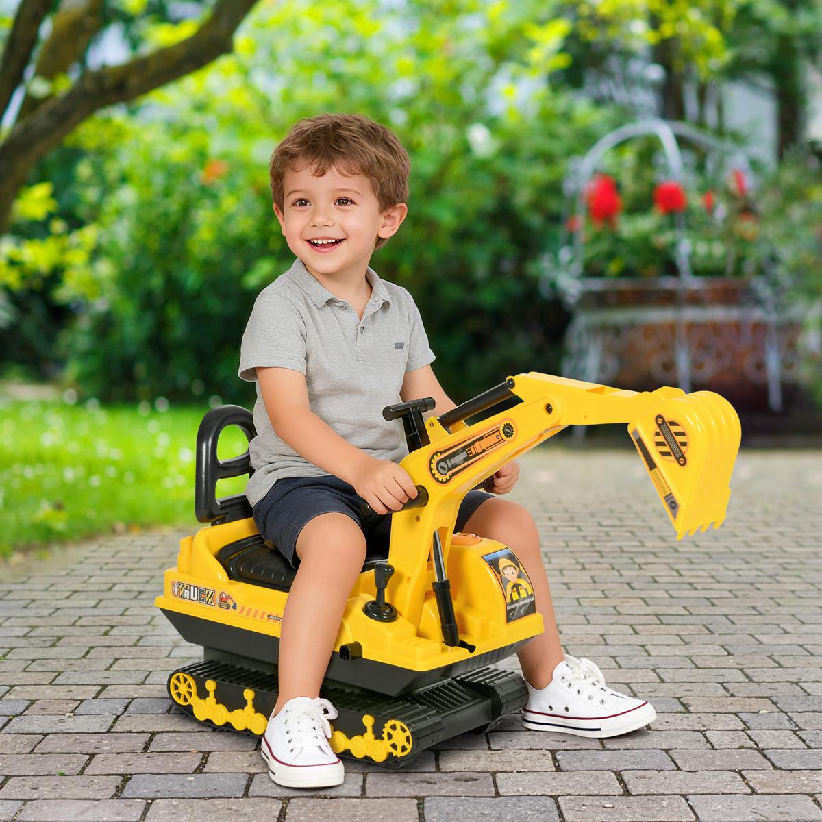 KINDER Sitzbagger Sandbagger für Kinder mit Schaufel, Hupe für 1,5-4 Jahre - Gelb, Kunststoff (78/24/58.5cm) - HOMCOM