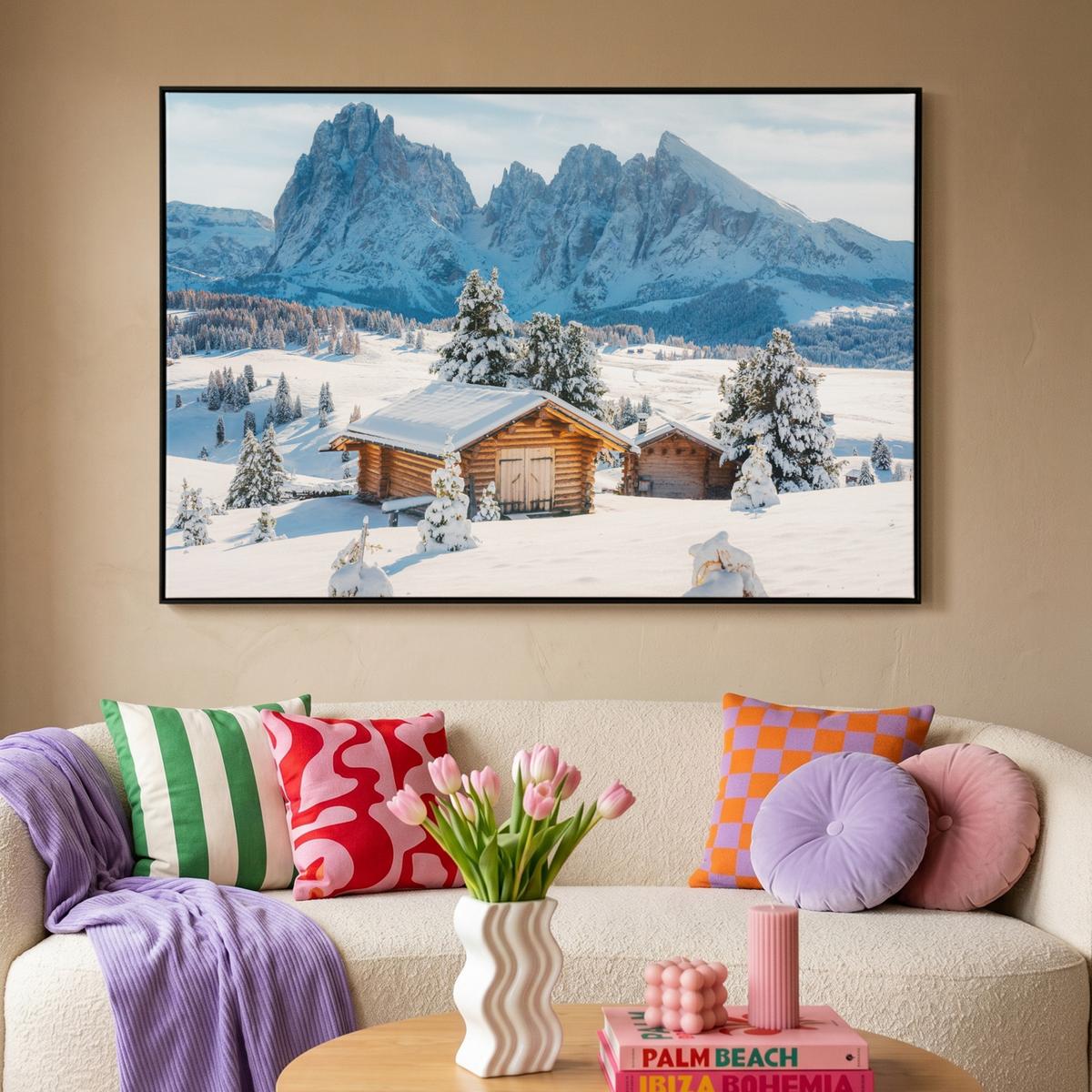 LEINWAND Bilder mit Rahmen - Winter - Hütte - Berge - Aussicht - Schnee - 120x80 - Eichefarben, Textil (120/80cm) - MuchoWow