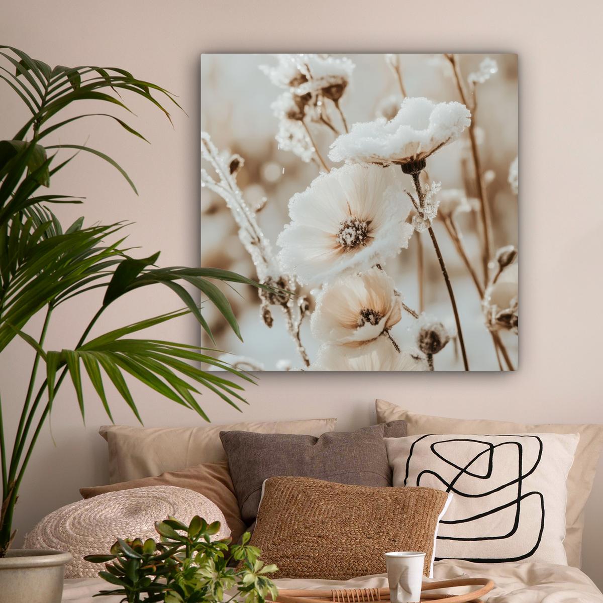 LEINWANDBILD Blumen - Winter - Weiß - Schnee - Beige Deko Groß 90x90 cm - Creme, Textil (90/90cm) - MuchoWow