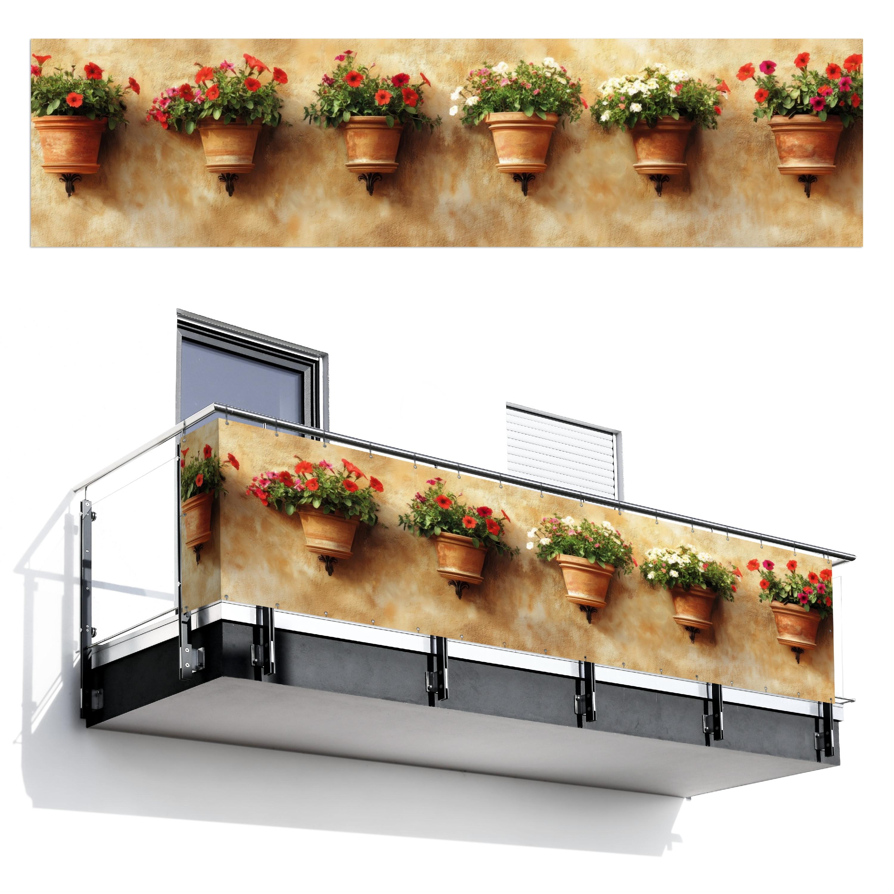 BALKON-SICHTSCHUTZ Blumentöpfe - Wand - Vintage Deko XXL 500x120 cm - Terracotta, Kunststoff (500/120cm) - MuchoWow