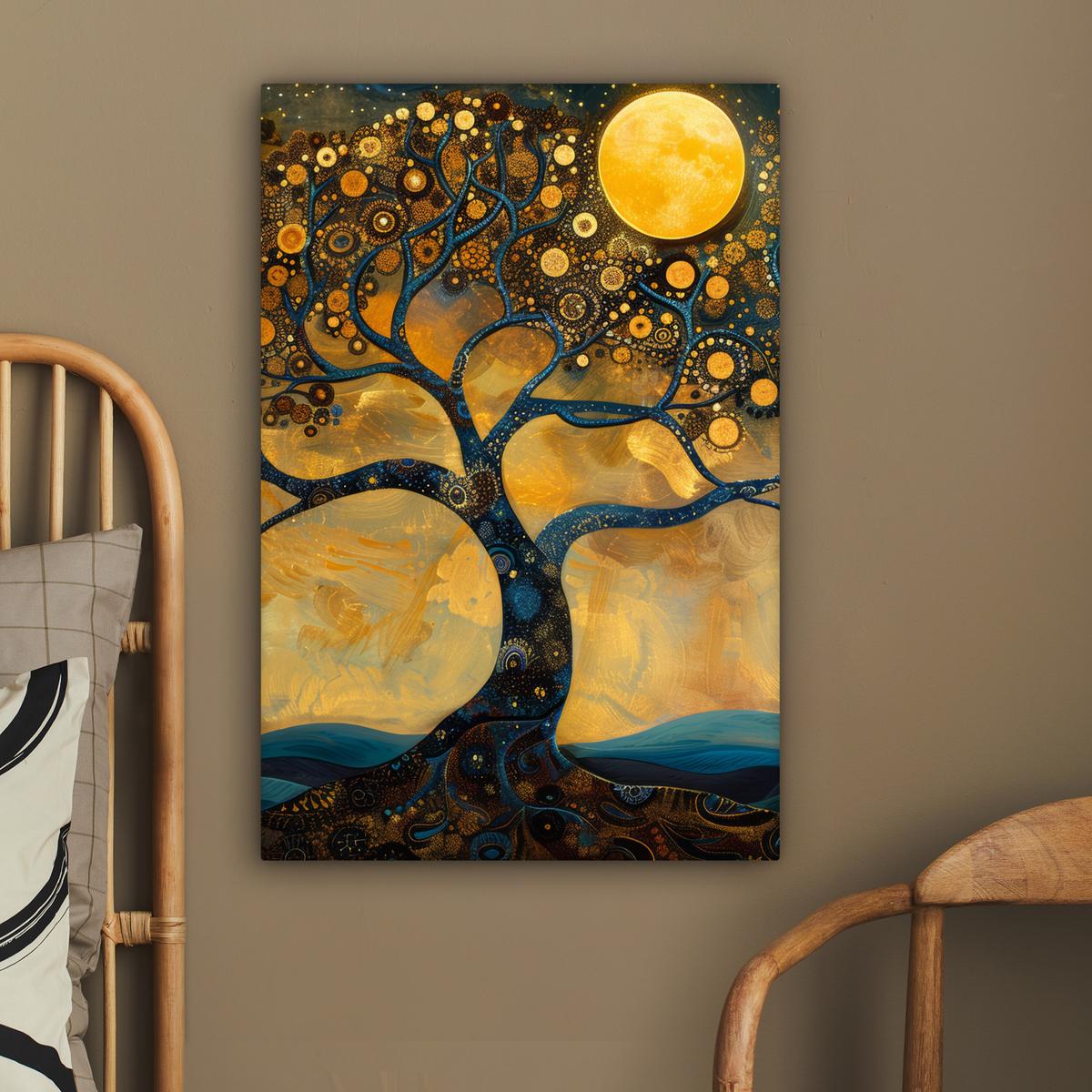 LEINWANDBILD Baum - Mond - Blumen - Gold - Kunst Wanddeko Schlafzimmer 60x90 cm - Orange, Textil (60/90cm) - MuchoWow
