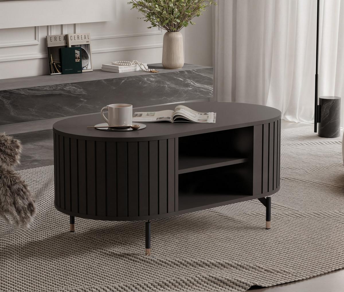 COUCHTISCH geriffelt, mit Ablage, Schwarz - Schwarz, Holzwerkstoff (47/104/56cm) - Idohome