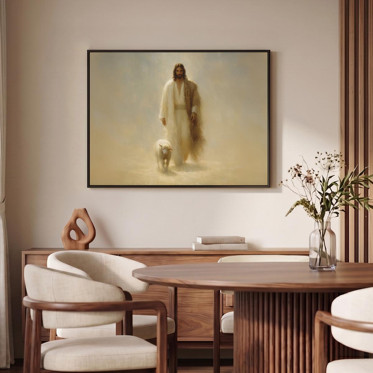 LEINWAND Bilder mit Rahmen - Schaf - Jesus - Pinselstriche - Abstrakt - 100x70 - Beige, Textil (100/70cm) - MuchoWow