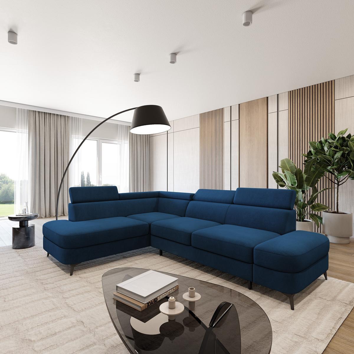 ECKSOFA AVISE MV L-S Blau Velours-Stoff mit Schlaffunktion - Blau, Holzwerkstoff/Textil (268/195cm) - MASSENO
