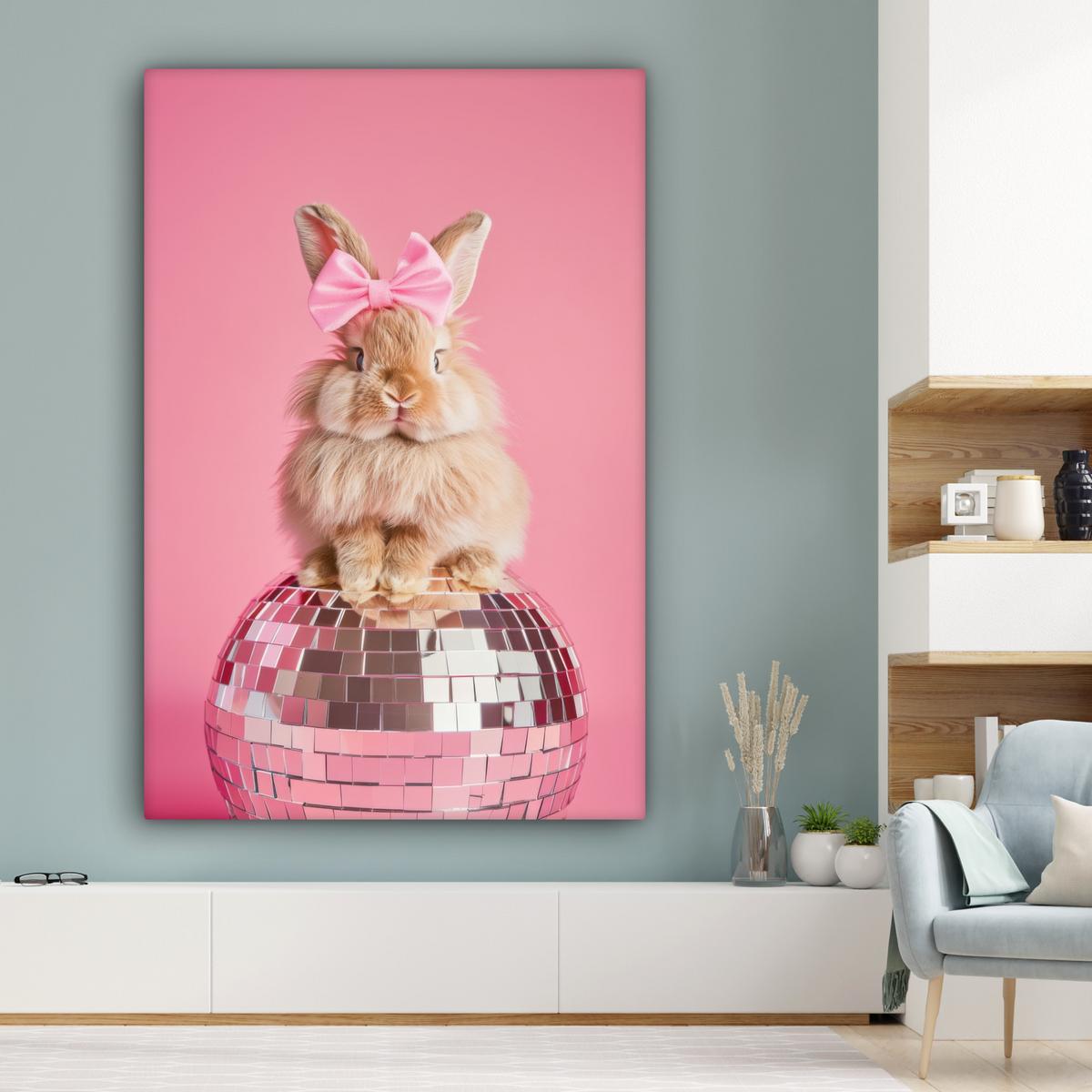 LEINWANDBILD Schleife - Discoball - Kaninchen Deko Groß 90x140 cm - Pink, Textil (90/140cm) - MuchoWow