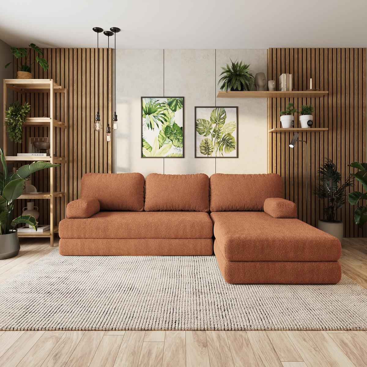 ECKSOFA LEA modulares Boneless Sofa mit Schlaffunktion Orange Boucle-Stoff - Orange, Textil (270/160cm) - MASSENO