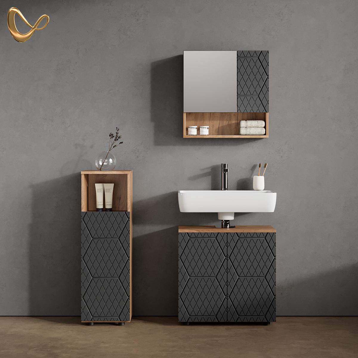 BADMÖBEL-SET Ronco Anthrazit mit Wabenstruktur 3 Teile - Anthrazit, Holzwerkstoff (60/59/30cm) - Livinity®