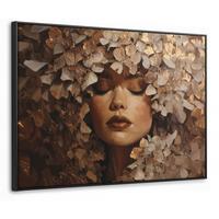 LEINWAND Bilder mit Rahmen - Gesicht - Dame - Blätter - Pinselstriche - 70x50 - Goldfarben, Textil (70/50cm) - MuchoWow