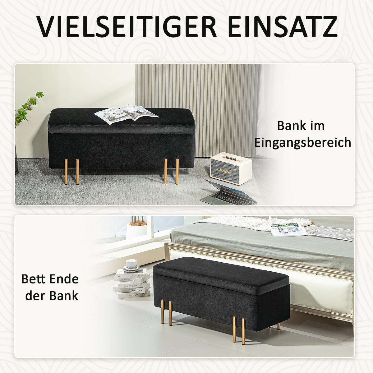 TRUHENBANK Metall, Kautschukholz, Schaumstoff Schwarz - Schwarz, Textil (40/42/100cm) - HOMCOM