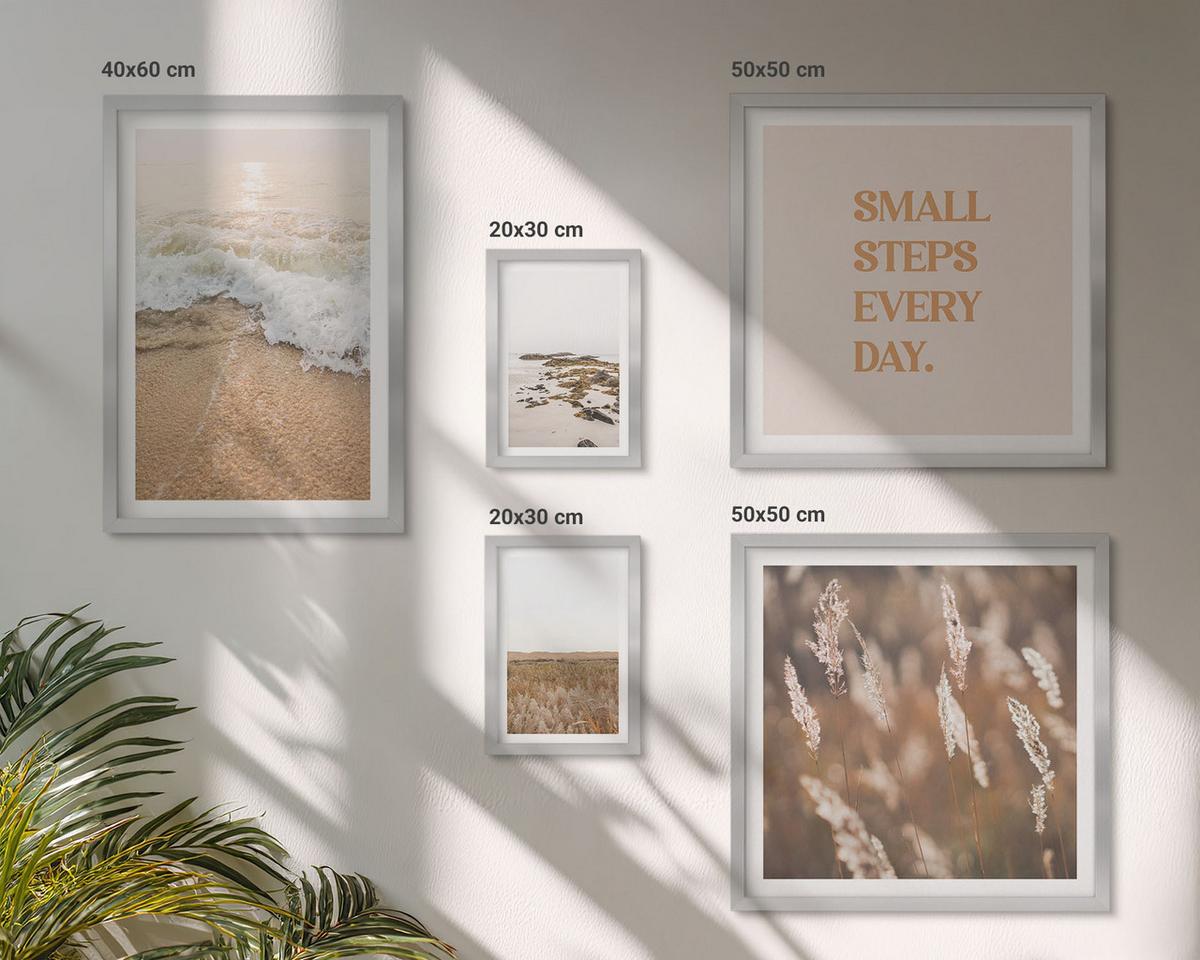 BILDER SET 5er Set - 50x50 cm & 20x30 cm & 40x60 cm Silberner Rahmen - Strandwellen, Steine, Sommer - Silberfarben, Kunststoff (40/60cm) - TULUP