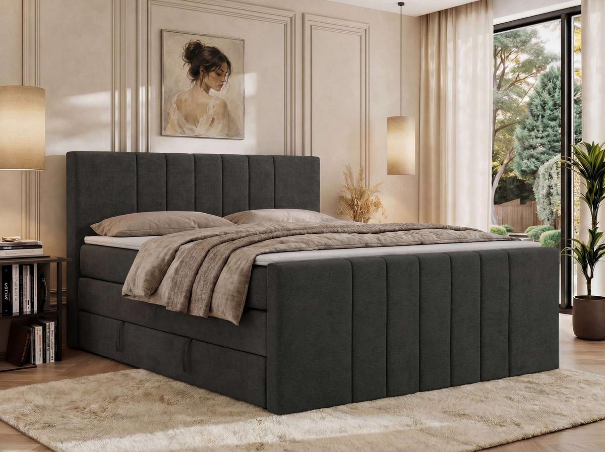 BOXSPRINGBETT INERO DUO KING 140/200 - Dunkelgrau Stukture - Topper Visco - H3 - Dunkelgrau/Schwarz, Kunststoff/Textil (140/200cm) - MKS