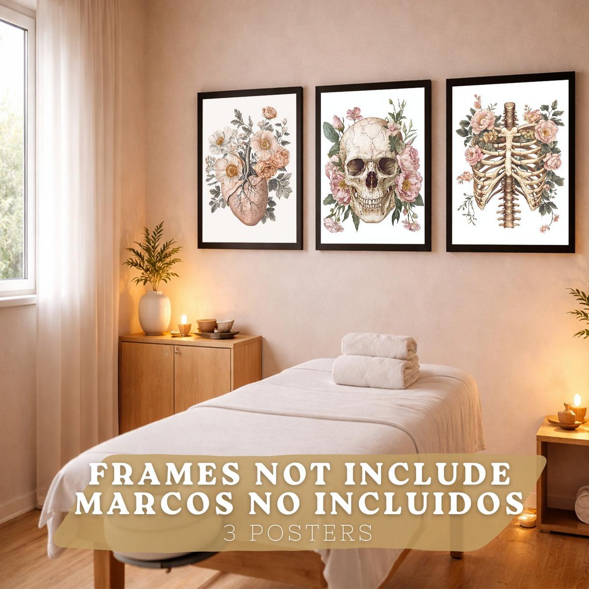 POSTER Set aus 3 Anatomie Mensch Florale Drucke und Wandbilder mit Herz Schädel und Brustkorb Weicher Vintage Stil Wanddekoration Größe Rahmenlos A4 - Klar, Papier (21/29.7/3cm) - Nacnic