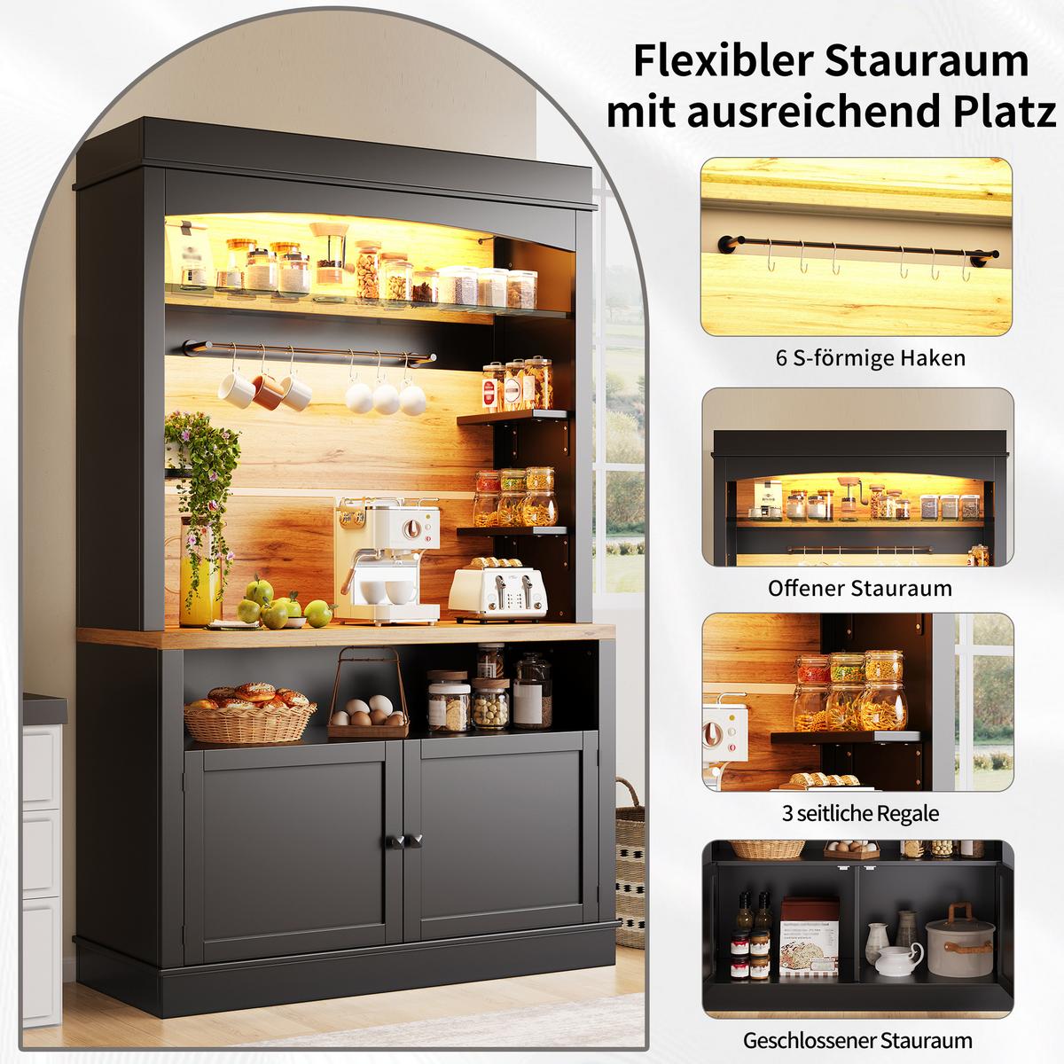 BUFFETSCHRANK Schwarz 107x43x184 cm mit LED-Beleuchtung - Schwarz, Holzwerkstoff (107/184/43cm) - Urban Meuble